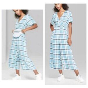Wild Fable Blue Plaid Cropped Wide Leg Jumpsuit M